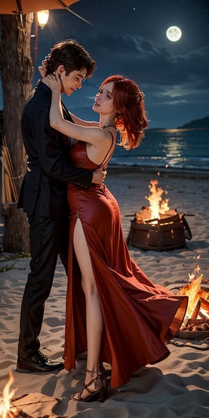 A realistisk fantasy. A girl with copper red hair and fire in the eyes and hair and a orange dress of fire are dancing in the moonligt of a beach. there is a campfire on the beach,