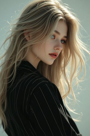 Realistic close-up shot of a stunning, elegant 20-year-old European woman wearing a dark black striped suit, with long bright blond hair and bright green eyes. She expertly poses a sexy female model with her head raised in a double exposure, incorporating the intricate artistic styles of Alex Stoddard, Natalia Drapina and Brooke Shaden. Surrealism on cracked paper, dynamic, unusual and retro. 128K, Illustration, High Detail, High Budget, Bokeh, Cinema Wide, Moody, Epic, Gorgeous, Film Grain, Grainy, High Quality Photography, 3 Point Cinema Glory Lighting, Soft Focus Flash, Canon EOS R3, HDR, Smooth, Sharp, high-resolution, award-winning action photos, jump photos, 50mm, wide-angle shot, away from camera, full body, f2.8, bokeh, side view.