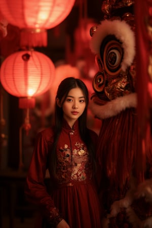 A young Asian woman with long dark hair stands gracefully dressed in a red gold Chinese traditional , medium shot ,
background is darkroom,
blurry foreground, red Chinese lanterns foreground ,
and a large, detailed lion dance costume stands beside her. creating a warm, nostalgic, and cultural atmosphere,
rich with deep red and gold tones.
The woman appears calm and elegant, embodying a sense of mystery, tradition, Shining golden color,