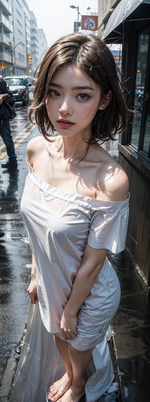 Young Japanese woman standing,  ((On City Street)),  ((Fully clothed)), ((Off-the-shoulder T-shirt dress)),((Barefoot)), blond with short hair, slim build, two tone color hair, mid afternoon, Gray light, Overcast, Detailed background, Dark, busy street, crowding street, Cinematic, pessimistic, Masterpiece,  Best quality, RAW photo, up-close, zoomed,  Photorealistic, ((view the viewer)), Hold yourself, Translucent, dripping wet, beautiful realistic photo, Surreal fantasy photos,  Close up, Tight Frame, 8K, Ultra detailed, Detailed skin, Blue eyes, Dark skin, ((Drenched)), ((Soaked)), (Dripping water), Saggy clothes, wet street, Wet all over, wet dripping hair, angle of view, (posed for photo) Portrait, Close-up, bottom angles, Mist, ((heavy rain)), ((Hazy rain)), Rain on the face, wet face, Shallow depth of field