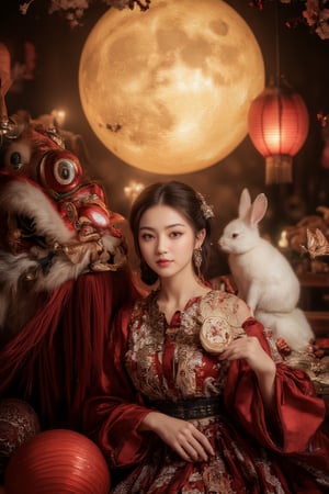 "Portrait of an elegant young woman celebrating the Chinese Moon Festival, dressed in a traditional silk robe with intricate floral patterns and golden hairpins. A white rabbit sits peacefully by her side, symbolizing the Moon Festival. Behind her is a large, radiant full moon, glowing softly with a golden hue. Cherry blossom branches frame the scene, while lanterns and glowing butterflies float around, adding a magical atmosphere. Golden clouds and soft glimmers of light create a sense of celebration. Mooncakes and symbolic festival decorations are subtly placed in the background, enhancing the festive mood."