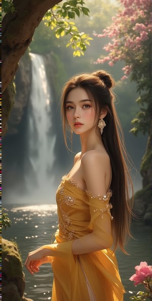 A young woman นมใหญ่ with long hair tied up in a bun, wearing a sparkling golden yellow Thai island style, wearing sparkling diamond jewelry, stood at a tree, a waterfall, a stream, and pink flowers.