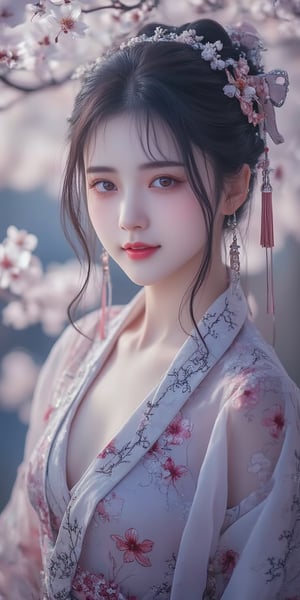 A serene Japanese maiden stands alone against a blurry backdrop of blooming cherry blossom trees. She gazes directly at the viewer with a gentle smile, her parted bangs framing her heart-shaped face. Her black hair cascades down her back, adorned with intricate hair ornaments and hair rings. Red eyes sparkle beneath luscious eyelashes, and her lips curve upward in a subtle grin. A floral print kimono drapes across her upper body, its vibrant colors muted by the soft focus of the background. Delicate earrings and a tassel dangle from her ears as she wears a bow-adorned hairstyle. The camera's shallow depth of field blurs everything except for our subject, emphasizing her captivating presence.