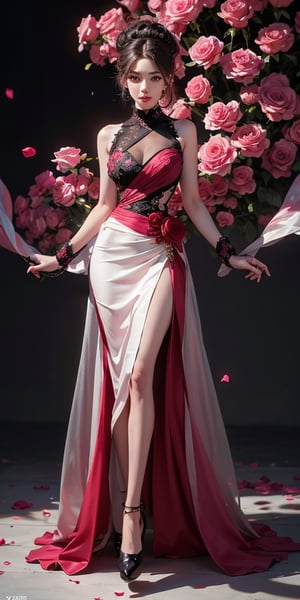 A full body photorealistic beautiful dress made entirely of roses with rose texture, rose patterns and the colors are black and vivid pink, worn on a beautiful woman, fashion designed, influenced by rose petals, highly detailed, 8k sharp focus, photorealism