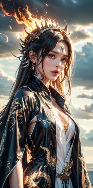 goddess, pattern cloak, patterned robe,(dragon pattern tattoos),windy,wet_clothes,wet hair,white background,Dreamy clouds,spit fire