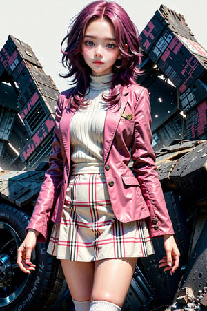 masterpiece, best quality, extremely detailed, high resolution, beautiful face, Japanese anime, 1girl, most beautiful korean girl, Korean beauty model, extremely detailed beautiful girl, stunningly beautiful girl, gorgeous girl, over sized eyes, big eyes, smiling, (cowboy shot:1.3), ((no hat:1.3)), BREAK ((magenta colored hair:1.3)), BREAK ((magenta colored hair:1.3)), (long hair:1.3). (forehead:1.3),BREAK(magenta eyes), (tsurime, with eyelashes), (beautiful detailed eyes:1.2), 17 -year-old, 171cm tall, Slender, large breasts, original character, fantasy, BREAK ((beautiful fingers:1.3)), BREAK ((coal mine background:1.3)), BREAK (standing:1.4), BREAK((white, blazer:1.3)), (brown rebbon), (Plaid, brown skirt:1.3), BREAK(white socks:1.3), shoot from front, looking at viewer