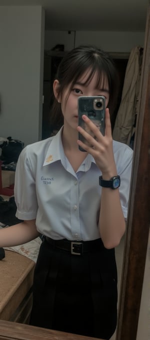 A Thai woman 17-year-old pale skin wearing a soaked water and wetting water and fitting short-sleeved white blouse and a black A-line skirt in front of a mirror, capturing a selfie. The image quality is grainy, with a slight blur softening the details. The lighting is dim, casting shadows that obscure her features. The room is cluttered, with clothes strewn across the bed and an unmade blanket.bedroom modern.
 Her expression is casual, full of concentration, while the old iPhone 12pro struggles to focus, giving the photo an authentic, unpolished feel. The mirror shows smudges and fingerprints, adding to the raw, everyday atmosphere of the scene.belt,smartwatch,earring,necklace,she is setting legscross