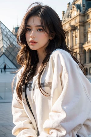 brown long hair, wavy hair, (oversized white plain sweatshirt:1.4), hem, distance from camera 5m, in front of Louvre pyramid, detailed background, cinematic shadow, dramatic lighting by Bill Sienkiewicz, ( SimplepositiveXLv1:0.7), aesthetic portrait,dream_girl