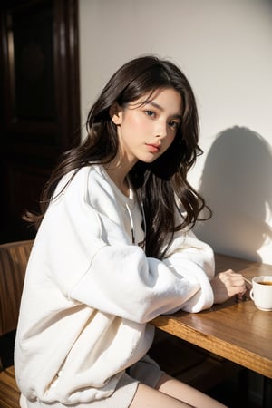 brown long hair, wavy hair, (oversized white plain sweatshirt:1.4), hem, distance from camera 5m, street in London, cafe in London, detailed background, cinematic shadow, dramatic lighting by Bill Sienkiewicz, ( SimplepositiveXLv1:0.7)