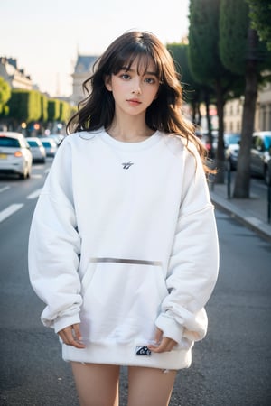 brown long hair, wavy hair, (oversized white plain sweatshirt:1.4), hem, distance from camera 5m,street in Paris, detailed background, cinematic shadow, dramatic lighting by Bill Sienkiewicz, ( SimplepositiveXLv1:0.7), aesthetic portrait,