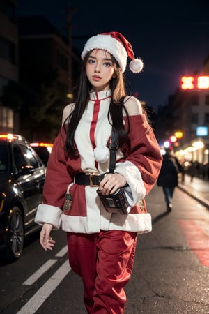 ((anime)), Santa Claus wearing hip hop outfit walking on the street, a boom box on the shoulder, musical notes floating in the air, more detail XL, SFW, solo, medium shot