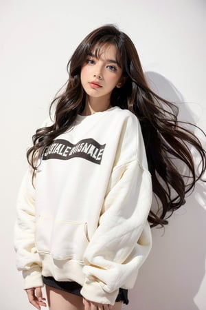 brown long hair, wavy hair, (oversized sweatshirt, white:1.4), png image of a [1girl] isolated white background,