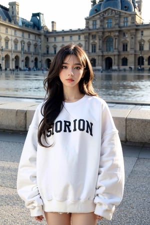 brown long hair, wavy hair, (oversized white plain sweatshirt:1.4), hem, distance from camera 5m, in front of Louvre pyramid, detailed background, cinematic shadow, dramatic lighting by Bill Sienkiewicz, ( SimplepositiveXLv1:0.7), aesthetic portrait