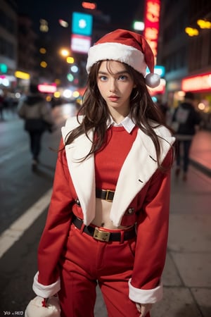 ((anime)), brown hair, wavy hair, Santa Claus wearing hip hop outfit walking on the street, a boom box on the shoulder, musical notes floating in the air, more detail XL, SFW, solo, medium shot