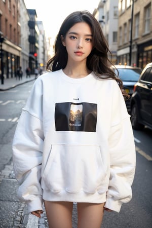 brown long hair, wavy hair, (oversized white plain sweatshirt:1.4), hem, distance from camera 5m, street in London, detailed background, cinematic shadow