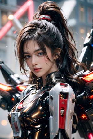 small breast, high ponytail, best quality, masterpiece, 16K, high contrast, Exquisite details and textures, ultra realistic illustration,  1girl, beatiful detailed cyberpunk city, beatiful detailed hair, wavy hair, beatiful detailed steet,  (mecha clothes:1.3), robot girl, cool movement,
 dargon wings, colorful background, a dragon stands behind the girl, rainy days, {lightning effect}, beatiful detailed sliver dragon arnour, （cold face）, mecha,mecha