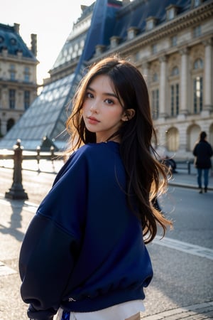 brown long hair, wavy hair, (oversized cobalt plain sweatshirt:1.4), hem, distance from camera 5m, in front of Louvre pyramid, detailed background, cinematic shadow, dramatic lighting by Bill Sienkiewicz, ( SimplepositiveXLv1:0.7), aesthetic portrait,dream_girl