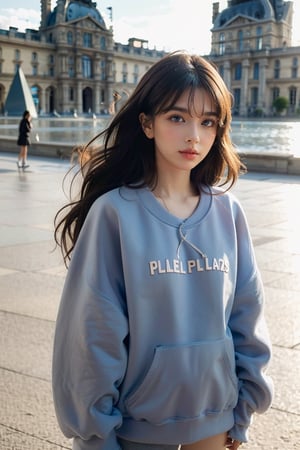 brown long hair, wavy hair, (oversized blue plain sweatshirt:1.4), hem, distance from camera 5m, in front of Louvre pyramid, detailed background, cinematic shadow, dramatic lighting by Bill Sienkiewicz, ( SimplepositiveXLv1:0.7), aesthetic portrait,dream_girl