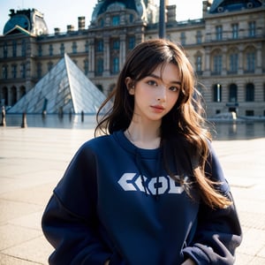 brown long hair, wavy hair, (oversized cobalt plain sweatshirt:1.4), hem, distance from camera 5m, in front of Louvre pyramid, detailed background, cinematic shadow, dramatic lighting by Bill Sienkiewicz, ( SimplepositiveXLv1:0.7), aesthetic portrait,dream_girl