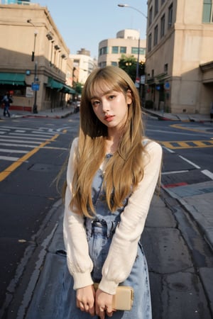 generally attractive instagram model, blonde hair, downtown los angeles, street view, golden hour, distance from camera 5m, make it look realistic, wide lens using a canon EF 20mm f/1.8 USM, 8K--v5.2 j,3va,lisa