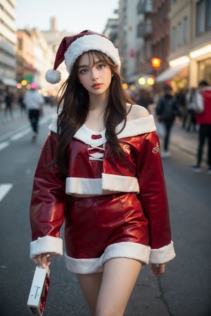 ((anime)), brown hair, wavy hair, Santa Claus wearing hip hop outfit walking on the street, a boom box on the shoulder, musical notes floating in the air, more detail XL, SFW, solo, medium shot