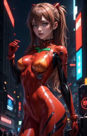 (masterpiece, best quality),  ,souryuu_asuka_langley, plugsuit, bodysuit, interface headset, red bodysuit, hair between eyes, pilot suit,cyberpunk