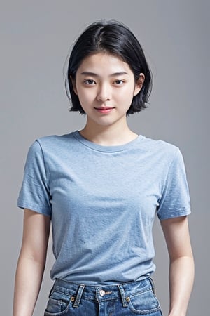 girl, 20yo, japanese, short hair, light smile, cute without makeup, grey background, (oily skin:1.2), (front view:1.5), tshirt,blue_jeans