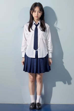girl, japanese, without makeup, (blue background:1.2), school uniform, white collar shirts, navy nit tie,school uniform
