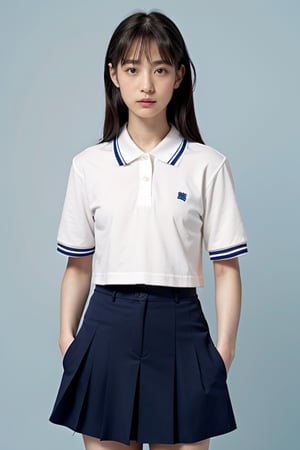 girl, japanese, without makeup, (blue background:1.2), portrait,school uniform, white polo shirts,navy ,skirt,school uniform,jp_school_uniform