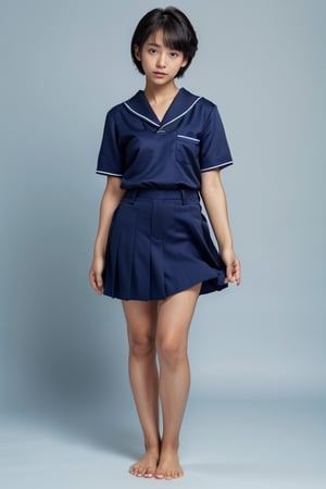 girl, 18yo,japanese,extra short hair,
without makeup,
 (blue background:1.2), portrait,studio lighting,
barefoot,Hair,school uniform,