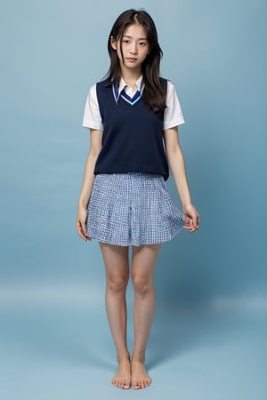 girl, 18yo,japanese,
without makeup,
 (blue background:1.2), portrait,studio lighting,
barefoot,Hair,school uniform,