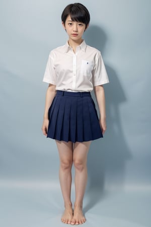 girl, 18yo,japanese,extra short hair,
without makeup,
 (blue background:1.2), portrait,studio lighting,
school uniform, white collor,short sleeve shirts,navy nit tie,navy skirt,barefoot,school uniform,jp_school_uniform,Hair