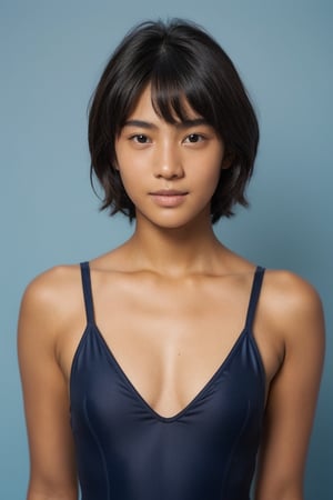 girl, 18yo,japanese,short hair,straight hair,without makeup,150cm,
 (blue background:1.2), portrait,studio lighting,
SFW,black school ONEPIECE swimsuit,tanlines