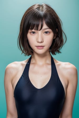 girl, 18yo,japanese,Asian,4K,straight hair,without makeup,150cm,
 (blue background:1.2), portrait,studio lighting,
(black school ONEPIECE swimsuit:1.3), Racing-style swimsuit,
(monolid eyes:1.5), piercing eyes, glare,
(fat body type:1.4),
bob_cut ,brown hair,