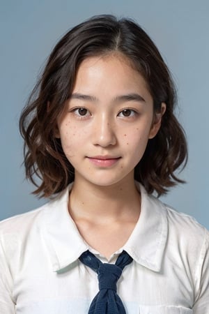 japanese, 15yo, 
little smile,rustic face,chubby face,
curly hair,hair between eyes,
(round face:1.2),
freckled skin,pimple,
without makeup,
school uniform, 