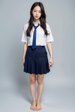 girl, 18yo,japanese,middle part long hair,street hair,
forehead,
without makeup,
 (blue background:1.2), portrait,studio lighting,
barefoot,Hair,school uniform,
white collor shirts,short sleeve,navy nit tie,navy 
 color skirt,skirt_lift