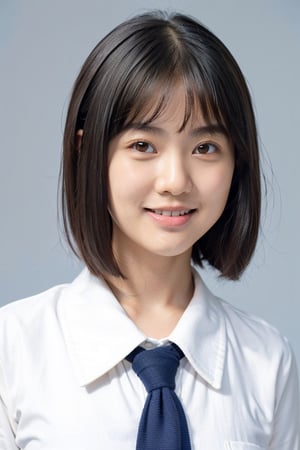 girl,18yo,japanese, (front view:1.4),Front-facing,Upper Body,id picture, light smile, without makeup, (blue background:1.2), (oily skin:1.2), school uniform,
Long sleeve, white shirt, navy nit tie,
(round face:1.2), baby face, 
(mushroom hair:1.5),
(laugh smile, open big mouth, teeth:1.3),