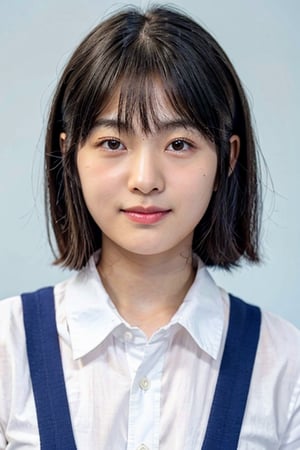 girl,18yo,japanese, mushroom hair, (front view:1.4),Front-facing,Upper Body,id picture, light smile, cute ,without makeup, (blue background:1.2), (oily skin:1.2),
white shirt formal,school uniform