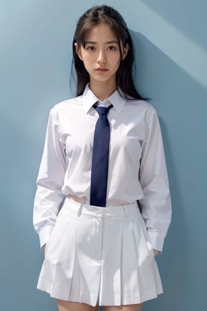 girl, japanese, without makeup, (blue background:1.2), portrait,school uniform, white collar shirts, navy nit tie,school uniform,jp_school_uniform