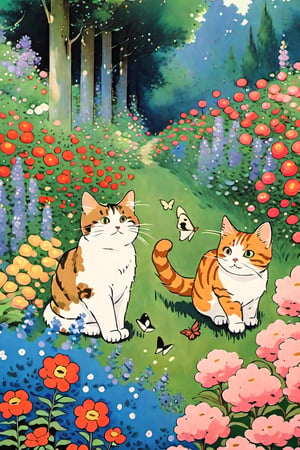 cats chasing butterflies, cute, anime ghibli studio style, by Isao Takahata and Hayao Miyazaki, garden, flowers, aw0k cat