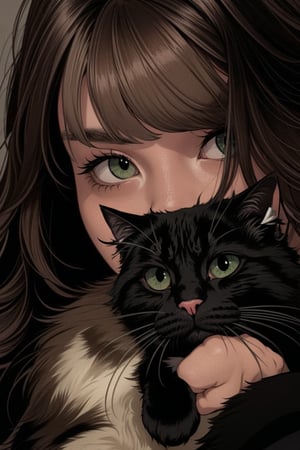 1girl, solo, looking at viewer, blush, bangs, brown hair, holding, green eyes, animal, cat, covered mouth, from side, holding animal, tilted photo,more detail XL