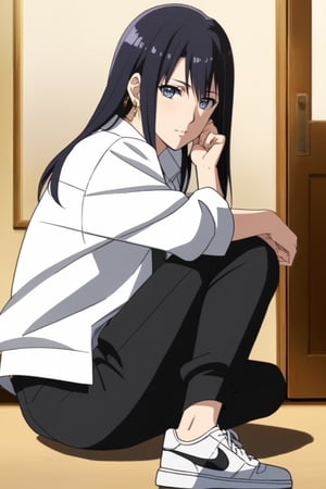 (masterpiece, best quality:1.3), (detailed manga illustration:1.2), dynamic cinematic view, chiaroscuro, 1girl, solo, ((((Hinata Hyuga)))) full body, white shirt, shoes, pants, white footwear, hand on own chin, photo background, earrings, necklace, SFW, perfect hands, perfect legs, more detail XL,Anime,hentai,hyuuga hinata,Visual Anime