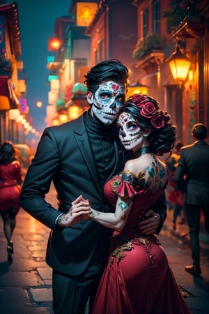 (masterpiece, best quality:1.3), dynamic cinematic view, digital art illustration, (((20 year old man))), (((20 year old woman))), romantic couple, (((dancing))), celebrating los dias de muertos, in Mexico, red roses, face paint, red dress, golden suit, night light, street, masterpiece, scenic beauty, dynamic cinematic view, chiaroscuro lighting, perfect hands, perfect fingers, cinematic shot,CatrinaMakeUp, Catrin
