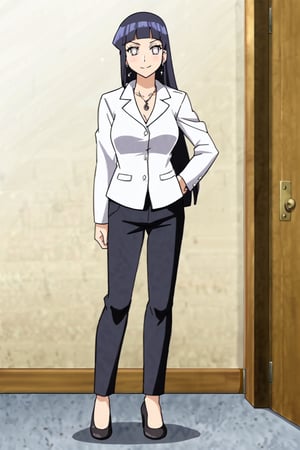 (masterpiece, best quality:1.3), (detailed manga illustration:1.2), dynamic cinematic view, chiaroscuro, 1girl, solo, full body portrait of Hinata Hyuga, business suit, office environment, enchanting, portrait, long hair, looking at viewer, slim body, (((full body shot))), earrings, necklace, SFW, more detail XL,Anime,hentai,hyuuga hinata