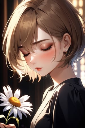 (masterpiece, best quality:1.3), dynamic cinematic view, chiaroscuro, 1girl, solo, woman kissing a flower, wheatish complexion, beautiful face, short hairstyle, eyes closed, cute, earrings, (((extreme close-up))),more detail XL