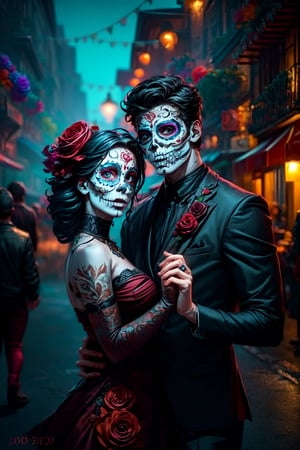 (masterpiece, best quality:1.3), dynamic cinematic view, digital art illustration, (((20 year old man))), (((20 year old woman))), romantic couple, dancing, celebrating los dias de muertos, in Mexico, red roses, face paint, evening, street, masterpiece, scenic beauty, dynamic cinematic view, chiaroscuro lighting, perfect hands, perfect fingers, cinematic shot,CatrinaMakeUp, Catrin