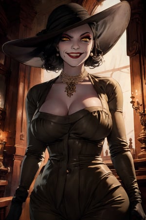 (masterpiece, best quality:1.3), dynamic cinematic view, lady Dimitrescu, (((evil smile))), 16th century style, seductive, portrait, looking at viewer, slim body, upper body portrait, (((cowboy shot))), detailed face, masterpiece, scenic beauty, photograph style, dark background, earrings, necklace, jewelleries, perfect hands, perfect legs,, by Capcom Studio, Resident Evil Village,alcina,REVLadyD,1 girl, Alcina,yellow eyes,black hair,short hair, (((black latex shirt and pants))), black gloves, veiny, upper body, standing, cowboy shot, curvy, looking at viewer, castle, indoors,night, (insanely detailed, beautiful detailed face, beautiful detailed eyes, masterpiece, best quality),solo,ladyd,dimitrescu