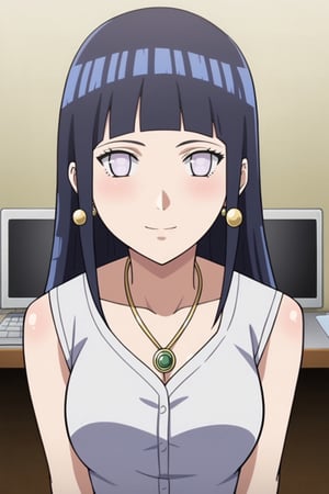 (masterpiece, best quality:1.3), (detailed manga illustration:1.2), dynamic cinematic view, chiaroscuro, 1girl, solo, full body portrait of Hinata Hyuga, office environment, working on computer, enchanting, portrait, long hair, looking at viewer, slim body, (((cowboy shot))), earrings, necklace, SFW, more detail XL,Anime,hentai,hyuuga hinata,Visual Anime