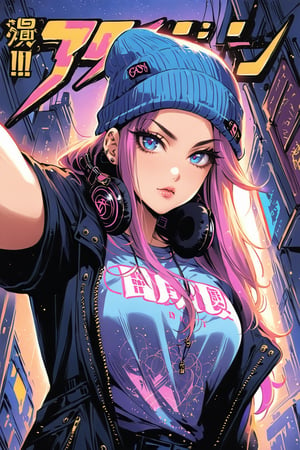 (masterpiece, best quality:1.3), (detailed manga illustration:1.2), (((((manga_action))))), (((((magazine cover))))), dynamic cinematic view, chiaroscuro, 1girl, solo, woman in casual clothes, posing for a selfie, victory sign ✌️, (((headphones_around_neck))), (((beanie))), tattoos, neon hair , neon evening, enchanting, seductive, plump, portrait, long hair, looking at viewer, blue eyes,, medium breasts, (((cowboy shot))), pout lips, by Futabasha, niji5,more detail XL
