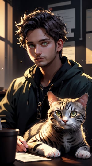 (masterpiece,best quality,ultra-detailed,16K,intricate, realistic,high contrast,photorealistic,HDR,vibrant color,RAW photo), (((30 y/o male coding))), study room, night, cool tone, rembrandt lighting, chiaroscuro lighting,cinematic shot,greg rutkowski, pet cat
